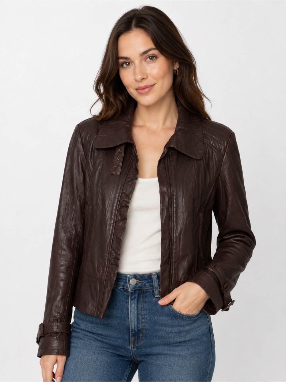 Guess Brown Leather Jacket Women Moto Y2K Boho, Size XL